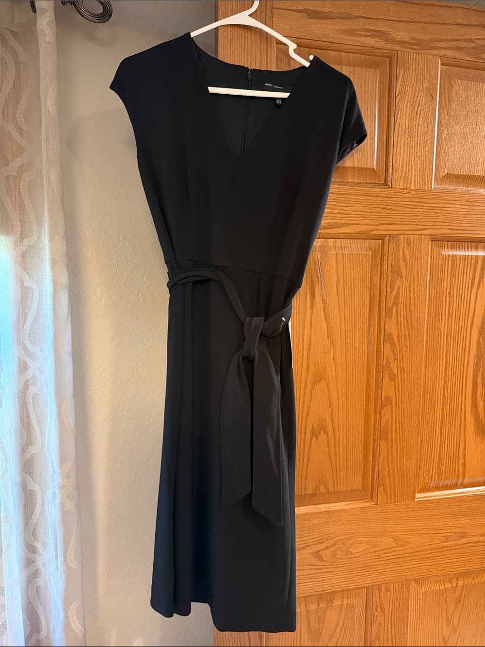 Maggy London Classic Black Dress with V-Neck and Waist Tie